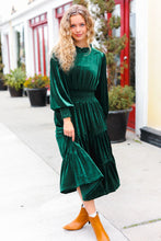 Load image into Gallery viewer, Holiday Dreaming Hunter Green Velvet Mock Neck Smocked Waist Dress
