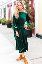 Load image into Gallery viewer, Holiday Dreaming Hunter Green Velvet Mock Neck Smocked Waist Dress
