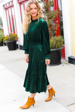 Load image into Gallery viewer, Holiday Dreaming Hunter Green Velvet Mock Neck Smocked Waist Dress
