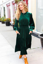 Load image into Gallery viewer, Holiday Dreaming Hunter Green Velvet Mock Neck Smocked Waist Dress
