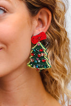 Load image into Gallery viewer, Christmas Tree Beaded &amp; Rhinestone Dangle Earrings
