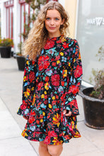 Load image into Gallery viewer, Lock Eyes Black Floral Sequin Print Ruffle Sleeve Frill Mock Neck Dress
