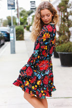 Load image into Gallery viewer, Lock Eyes Black Floral Sequin Print Ruffle Sleeve Frill Mock Neck Dress
