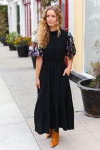 Load image into Gallery viewer, Black Floral Sequin Puff Sleeve Mock Neck Tiered Maxi Dress
