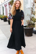 Load image into Gallery viewer, Black Floral Sequin Puff Sleeve Mock Neck Tiered Maxi Dress
