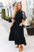 Load image into Gallery viewer, Black Floral Sequin Puff Sleeve Mock Neck Tiered Maxi Dress
