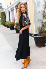 Load image into Gallery viewer, Black Floral Sequin Puff Sleeve Mock Neck Tiered Maxi Dress
