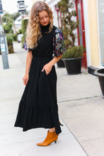 Load image into Gallery viewer, Black Floral Sequin Puff Sleeve Mock Neck Tiered Maxi Dress
