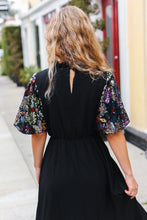 Load image into Gallery viewer, Black Floral Sequin Puff Sleeve Mock Neck Tiered Maxi Dress
