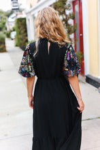 Load image into Gallery viewer, Black Floral Sequin Puff Sleeve Mock Neck Tiered Maxi Dress
