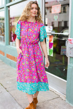 Load image into Gallery viewer, Charming Fuchsia &amp; Mint Floral Frill Mock Neck Flutter Sleeve Midi Dress
