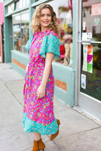 Load image into Gallery viewer, Charming Fuchsia &amp; Mint Floral Frill Mock Neck Flutter Sleeve Midi Dress
