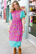 Load image into Gallery viewer, Charming Fuchsia &amp; Mint Floral Frill Mock Neck Flutter Sleeve Midi Dress
