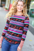 Load image into Gallery viewer, Christmas Ready Black &amp; Fuchsia Reindeer Print Thermal Top
