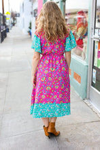 Load image into Gallery viewer, Charming Fuchsia &amp; Mint Floral Frill Mock Neck Flutter Sleeve Midi Dress
