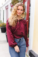 Load image into Gallery viewer, Holiday Vibes Burgundy Frill Detail Tie Neck Satin Top
