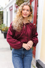 Load image into Gallery viewer, Holiday Vibes Burgundy Frill Detail Tie Neck Satin Top
