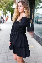 Load image into Gallery viewer, Falling In Love Black Surplice Tiered Woven Dress
