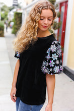 Load image into Gallery viewer, Feeling Glamorous Black Floral Sequin Puff Sleeve Velvet Top
