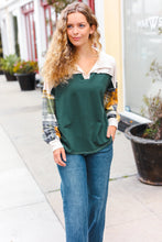 Load image into Gallery viewer, Fall For You Hunter Green Plaid Color Block Collared Terry Top
