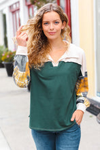 Load image into Gallery viewer, Fall For You Hunter Green Plaid Color Block Collared Terry Top
