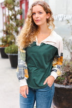 Load image into Gallery viewer, Fall For You Hunter Green Plaid Color Block Collared Terry Top
