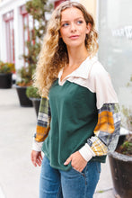 Load image into Gallery viewer, Fall For You Hunter Green Plaid Color Block Collared Terry Top
