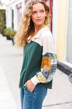 Load image into Gallery viewer, Fall For You Hunter Green Plaid Color Block Collared Terry Top
