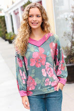 Load image into Gallery viewer, Beautiful You Vintage Teal Floral Print V Neck Hacci Knit Sweater
