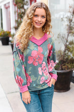 Load image into Gallery viewer, Beautiful You Vintage Teal Floral Print V Neck Hacci Knit Sweater
