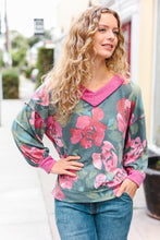 Load image into Gallery viewer, Beautiful You Vintage Teal Floral Print V Neck Hacci Knit Sweater
