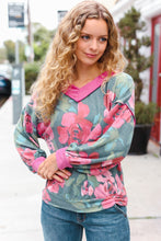 Load image into Gallery viewer, Beautiful You Vintage Teal Floral Print V Neck Hacci Knit Sweater
