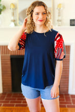 Load image into Gallery viewer, Stand-Out Navy Patriotic Patchwork Puff Sleeve Top
