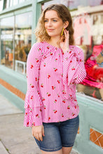 Load image into Gallery viewer, Make You Smile Pink Stripe &amp; Cherries Bell Sleeve Top
