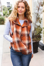 Load image into Gallery viewer, Put Together Rust Taupe Plaid Snap Button Quilted Puffer Vest
