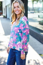 Load image into Gallery viewer, Feeling Femme Teal Floral Brushed Hacci Sweater Top
