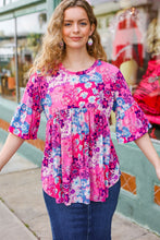 Load image into Gallery viewer, Diva Pink &amp; Blue Floral Print Babydoll Bell Sleeve Top
