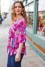 Load image into Gallery viewer, Diva Pink &amp; Blue Floral Print Babydoll Bell Sleeve Top
