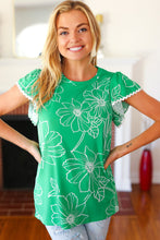 Load image into Gallery viewer, Follow Me Emerald Floral Ric Rac Trim Flutter Sleeve Top
