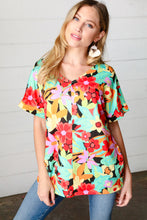 Load image into Gallery viewer, Multicolor Tropical Floral V Neck Drop Shoulder Top
