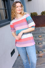 Load image into Gallery viewer, Look Out Teal &amp; Rose Striped Hacci Knit Puff Sleeve Top
