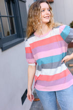 Load image into Gallery viewer, Look Out Teal &amp; Rose Striped Hacci Knit Puff Sleeve Top
