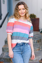 Load image into Gallery viewer, Look Out Teal &amp; Rose Striped Hacci Knit Puff Sleeve Top
