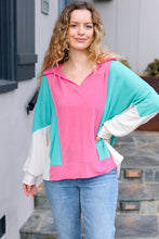 Load image into Gallery viewer, Stand Out Hot Pink &amp; Mint V Neck Collared Terry Color Block Top
