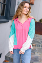 Load image into Gallery viewer, Stand Out Hot Pink &amp; Mint V Neck Collared Terry Color Block Top
