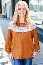 Load image into Gallery viewer, Stand Out Rust Plaid &amp; Leopard Color Block Hacci Pullover
