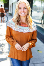 Load image into Gallery viewer, Stand Out Rust Plaid &amp; Leopard Color Block Hacci Pullover
