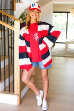 Load image into Gallery viewer, Simply Patriotic Red White &amp; Blue Striped Crochet Cardigan
