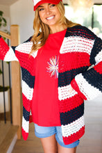 Load image into Gallery viewer, Simply Patriotic Red White &amp; Blue Striped Crochet Cardigan
