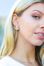 Load image into Gallery viewer, White &amp; Gold Ribbon Bow Pearl Stud Earring
